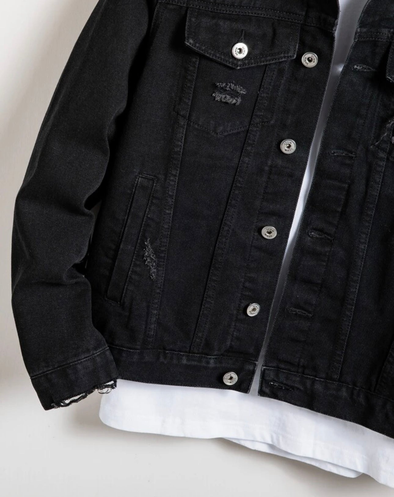 Men Ripped Button Front Denim Jacket