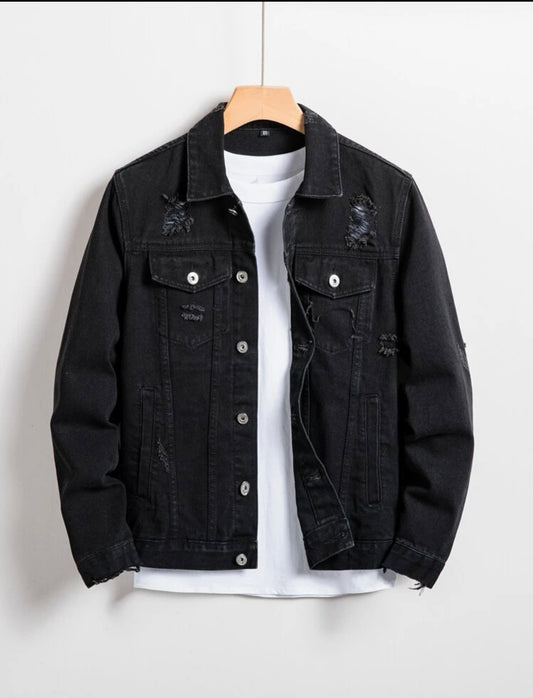 Men Ripped Button Front Denim Jacket